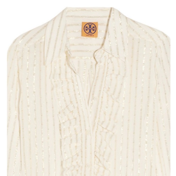 Tory Burch Stella Ruffle Stripe Silk Lame Blouse - Picture 5 of 11